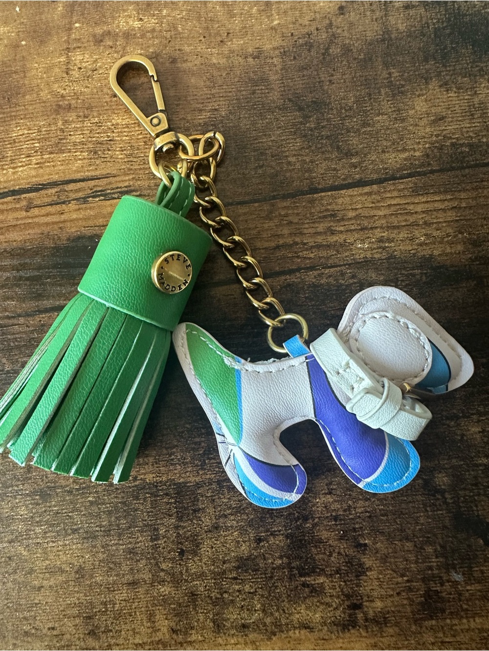 Steve Madden Blue White Multi Color Dog & Green Tassel Keychain Bag Charm NWOT